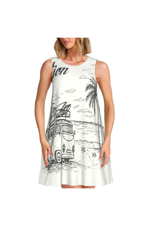 Summer Vacation Scene With Camping Van Print Summer Dresses for Women,Beach Sleeveless Flowy Pocket Tshirt Tank Sundresses,Women's Sleeveless Dress
