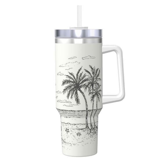 Logiee Summer Vacation Scene With Camping Van Print 40OZ Ice Bully Cup with Handle and Straw, Double Wall Stainless Steel Tumbler,Travel Coffee Cup with Lid, Summer Insulation and Cooling Cup