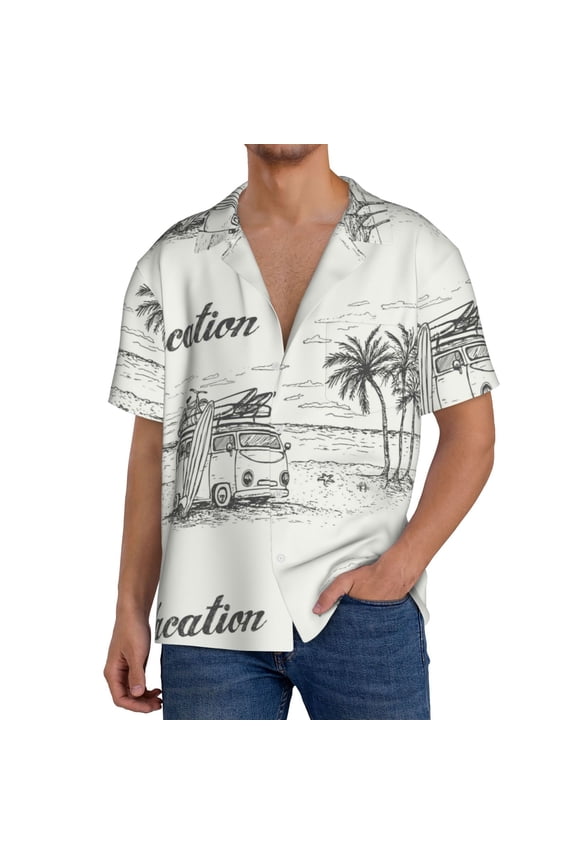 Summer Vacation Scene With Camping Van Print Men's Button Down Shirts Short Sleeve, Summer Beach Shirts,Vacation Wedding Shirts,Men's Casual Button-Down Shirts with Pocket-Large