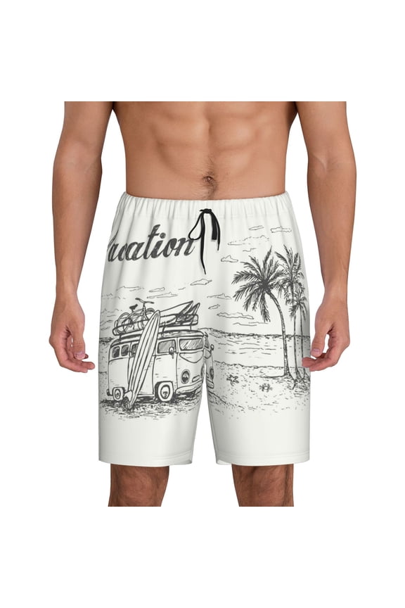 Summer Vacation Scene With Camping Van Print Men's Pajama Shorts with Drawstring & Pockets,Sleep Shorts for Men,Sleepwear Bottoms,Elastic Waistband Loungewear-Medium