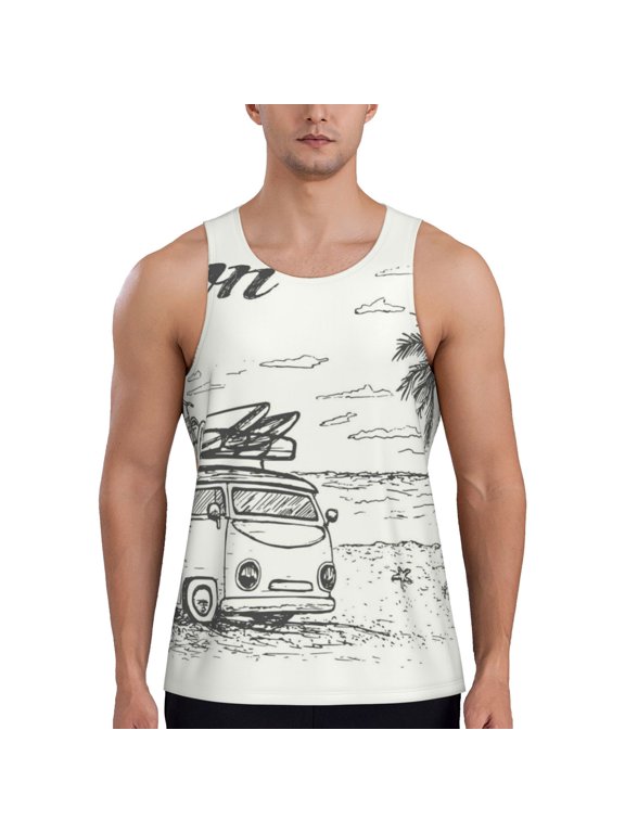 Summer Vacation Scene With Camping Van Print Men's Workout Tank Top,Quick Dry Workout Tank Top,Gym Muscle Tee,Fitness Bodybuilding Sleeveless T Shirt-X-Large
