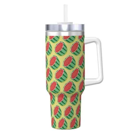 Logiee Summer Watermelon Print 40OZ Ice Bully Cup with Handle and Straw, Double Wall Stainless Steel Tumbler,Travel Coffee Cup with Lid, Summer Insulation and Cooling Cup