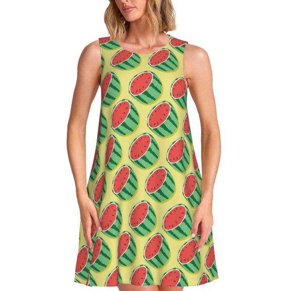 Logiee Summer Watermelon Print Summer Dresses for Women,Beach Sleeveless Flowy Pocket Tshirt Tank Sundresses,Women's Sleeveless Dress
