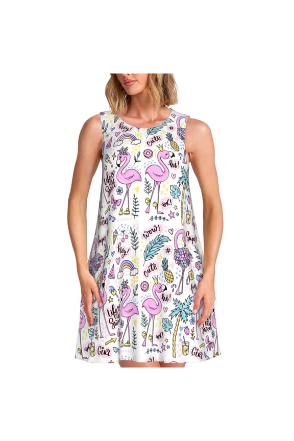 Summer with Flamingo Print Summer Dresses for Women,Beach Sleeveless Flowy Pocket Tshirt Tank Sundresses,Women's Sleeveless Dress