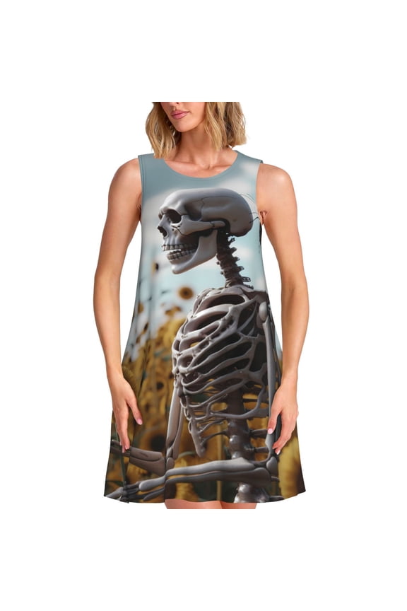 Sunflower Butterfly Skull Print Summer Dresses for Women,Beach Sleeveless Flowy Pocket Tshirt Tank Sundresses,Women's Sleeveless Dress