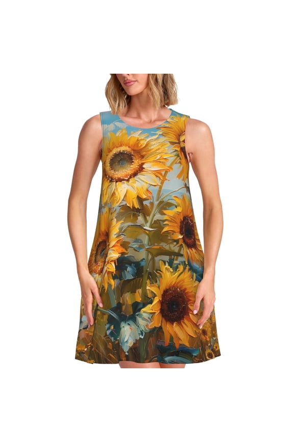 Sunflower Field Art Print Summer Dresses for Women,Beach Sleeveless Flowy Pocket Tshirt Tank Sundresses,Women's Sleeveless Dress
