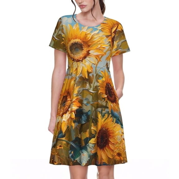 Logiee Sunflower Field Art Print Womens Summer Dress,Casual Short Sleeve Sundresses,Beach A-line Shift Dress with Pockets