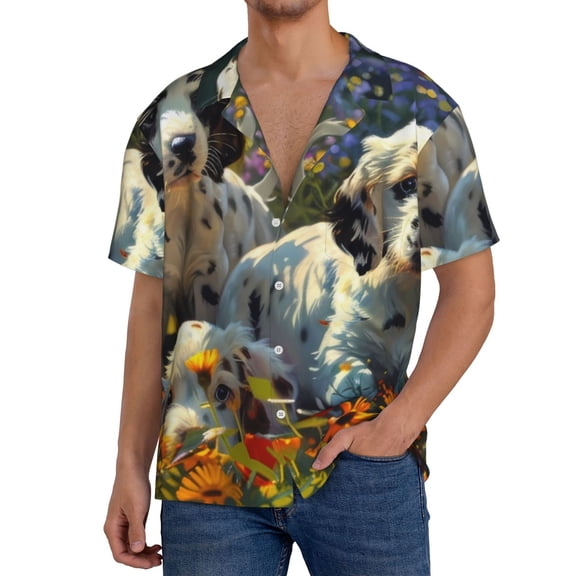 Logiee Sunflower Field Spotted Dog Print Men's Button Down Shirts Short Sleeve, Summer Beach Shirts,Vacation Wedding Shirts,Men's Casual Button-Down Shirts with Pocket-3X-Large