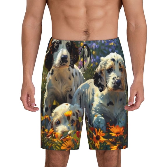 Logiee Sunflower Field Spotted Dog Print Men's Pajama Shorts with Drawstring & Pockets,Sleep Shorts for Men,Sleepwear Bottoms,Elastic Waistband Loungewear-Medium