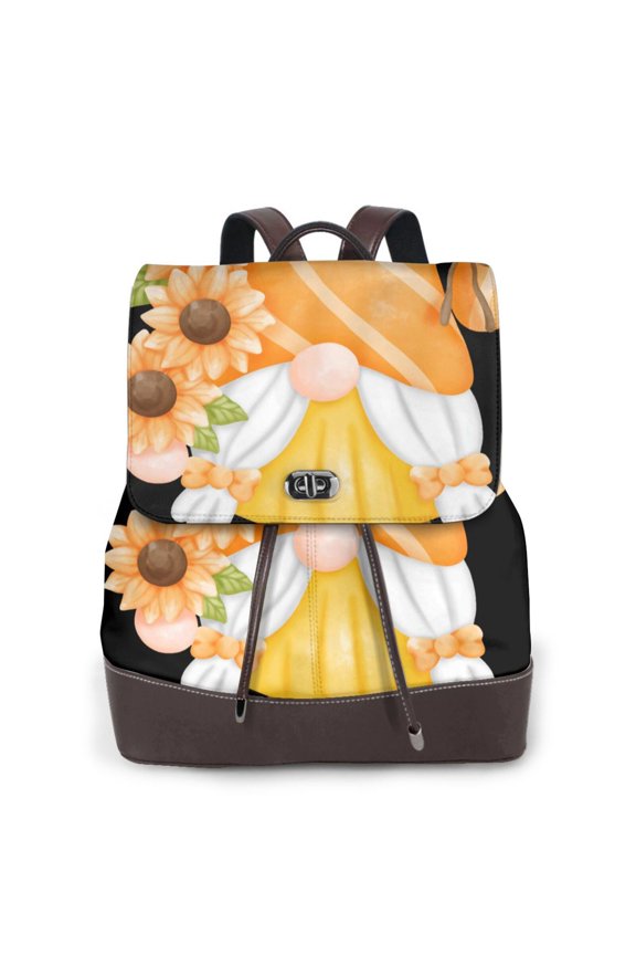 Sunflower Gnomes 2 Print Women's Leather Backpack,Travel Laptop Backpack,Fashion Ladies Leather Backpack Bag for Travel,Leather Drawstring Daypack for Me