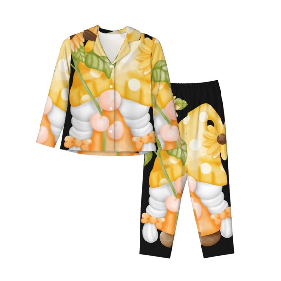 Logiee Sunflower Gnomes 3 Print Womens Pajamas Set,Long Sleeve Sleepwear,Button Down Lounge Set 2 Pieces,Soft Nightwear Pjs Set-X-Large