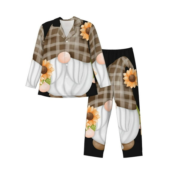Logiee Sunflower Gnomes 4 Print Mens Long Sleeve Pajama Set,Notched Collar Pajamas for Men, Men's Sleepwear,Mens Sleepwear with Pockets & Button Down-X-Large