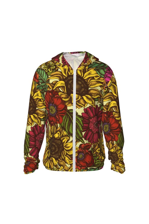 Sunflower Print Men's Women Light Jacket Full Zip Sun Protection Hoodie Long Sleeve Sun Shirts for Men Hiking Fishing Zip Pockets-