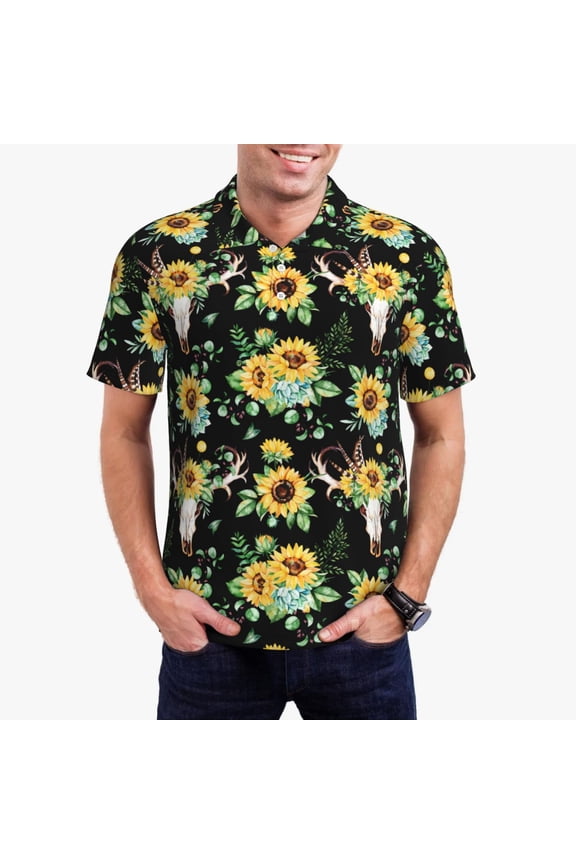 Sunflower Skull Boho Print Mens Polo Shirts,Mens Golf Polo Shirts,Short Sleeve Casual Polo Shirts for Men,Summer Fashion Beach Shirts-Small