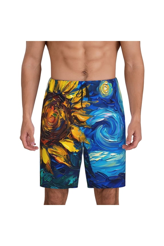 Sunflower Starry Night Vibes Print Men's Pajama Shorts with Drawstring & Pockets,Sleep Shorts for Men,Sleepwear Bottoms,Elastic Waistband Loungewear-Large