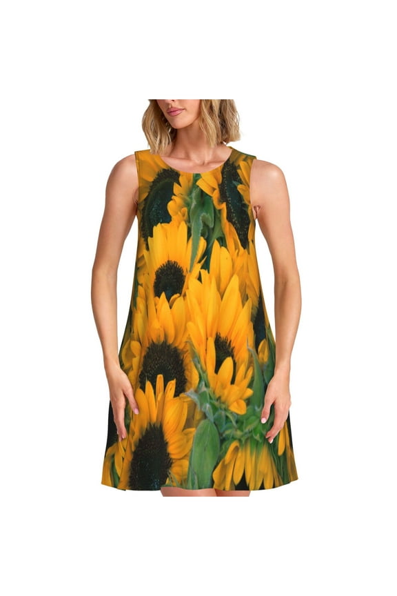 Sunflowers 7 Print Summer Dresses for Women,Beach Sleeveless Flowy Pocket Tshirt Tank Sundresses,Women's Sleeveless Dress