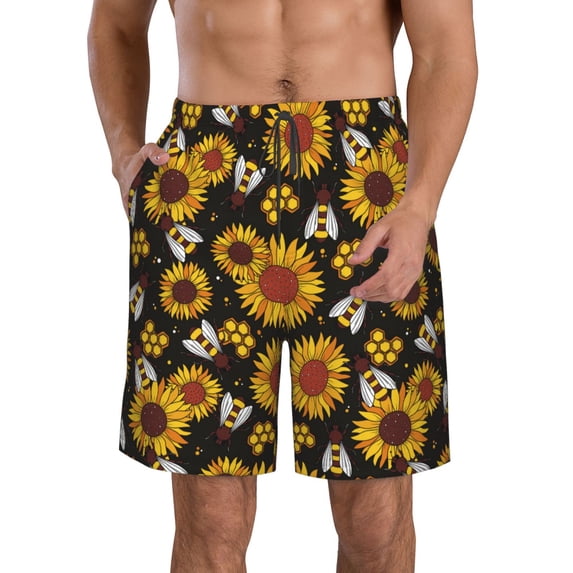Logiee Sunflowers And Bww Print Mens Swim Trunks Quick Dry Board Shorts,Breathable Hawaii Beach Shorts Swimwear Bathing Suits-Large