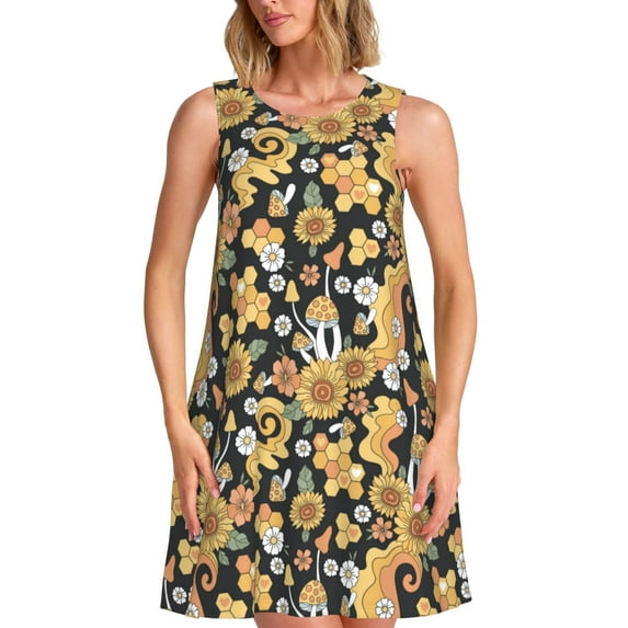 Logiee Sunflowers Bee Print Summer Dresses for Women,Beach Sleeveless Flowy Pocket Tshirt Tank Sundresses,Women's Sleeveless Dress