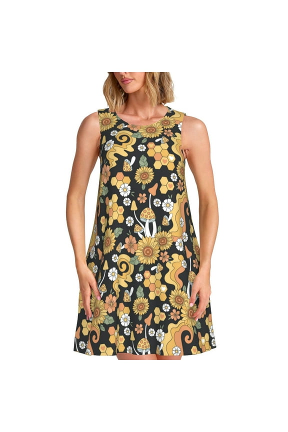 Sunflowers Bee Print Summer Dresses for Women,Beach Sleeveless Flowy Pocket Tshirt Tank Sundresses,Women's Sleeveless Dress