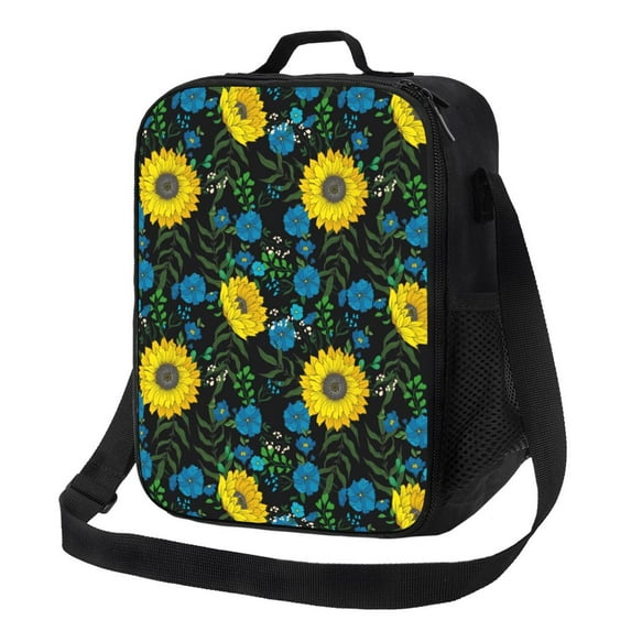 Logiee Sunflowers And Blue Flower Print Insulated Lunch Bag for Women/Men, Reusable Lunch Box for Office Work School Picnic Beach,Leakproof Freezable Cooler Bag with Shoulder Strap