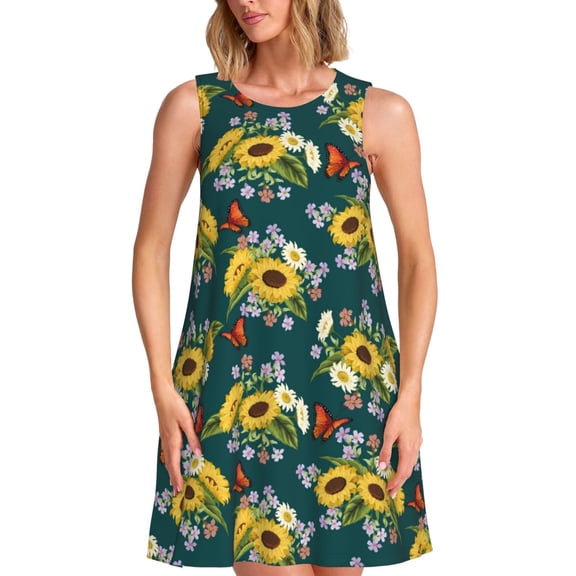 Logiee Sunflowers Print Summer Dresses for Women,Beach Sleeveless Flowy Pocket Tshirt Tank Sundresses,Women's Sleeveless Dress