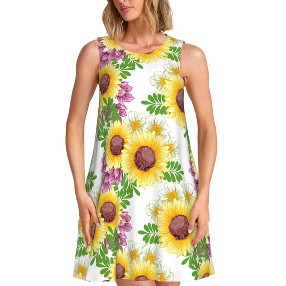 Logiee Sunflowers Print Summer Dresses for Women,Beach Sleeveless Flowy Pocket Tshirt Tank Sundresses,Women's Sleeveless Dress
