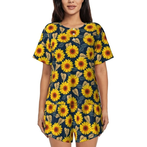 Logiee Sunflowers Print Womens Pajamas Set,Short-Sleeve Pajama 2 Piece Sleepwear with Pockets-Large