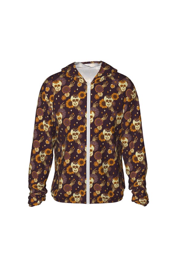 Sunflowers with Skull and Hand Print Men's Women Light Jacket Full Zip Sun Protection Hoodie Long Sleeve Sun Shirts for Men Hiking Fishing Zip Pockets-Large