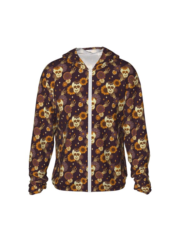 Sunflowers with Skull and Hand Print Men's Women Light Jacket Full Zip Sun Protection Hoodie Long Sleeve Sun Shirts for Men Hiking Fishing Zip Pockets-Medium