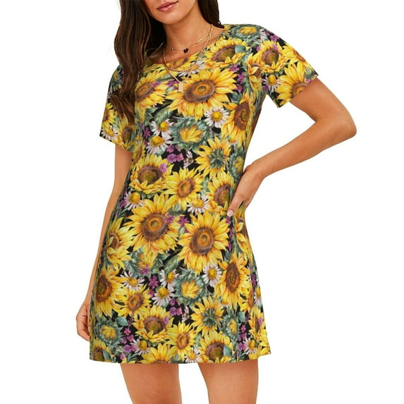 Logiee Sunflowers Vintage Print Nightgowns for Women,Soft Short-Sleeved Lightweight Sleepwear, Loose Sleepshirts