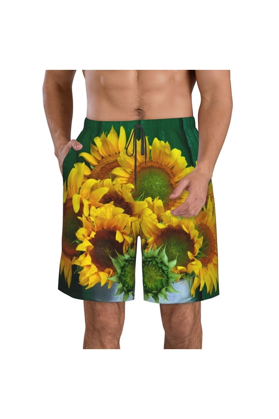 Sunflowers in Bucket Print Mens Swim Trunks Quick Dry Board Shorts,Breathable Hawaii Beach Shorts Swimwear Bathing Suits-Medium