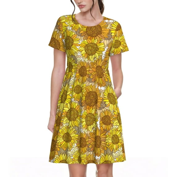 Logiee Sunflowers1 Print Womens Summer Dress,Casual Short Sleeve Sundresses,Beach A-line Shift Dress with Pockets