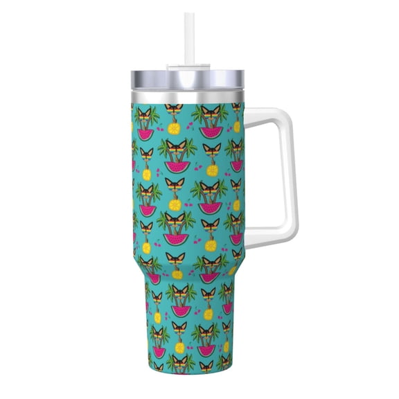Logiee Sunmmer Cat Print 40OZ Ice Bully Cup with Handle and Straw, Double Wall Stainless Steel Tumbler,Travel Coffee Cup with Lid, Summer Insulation and Cooling Cup