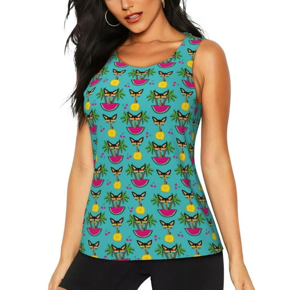 Logiee Sunmmer Cat Print Women's Workout Tank Top, Dry Fit Summer Tank Top,Gym Yoga Workout Sports Tee,Sleeveless Athletic Shirts-Large