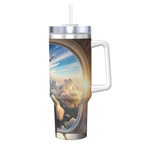 Logiee Sunset Airplane Travel View Print 40OZ Ice Bully Cup with Handle and Straw, Double Wall Stainless Steel Tumbler,Travel Coffee Cup with Lid, Summer Insulation and Cooling Cup