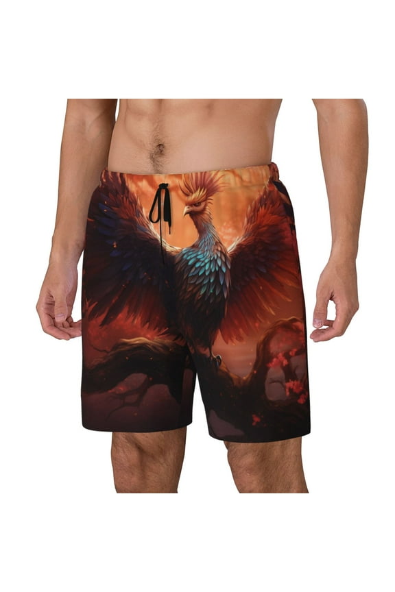 Sunset Blossoms Phoenix Perch Print Men's Swim Trunk,Quick Dry Board Shorts ,Men's Swim Trunks with Compression Liner, Bathing Suits with Pockets-X-Large