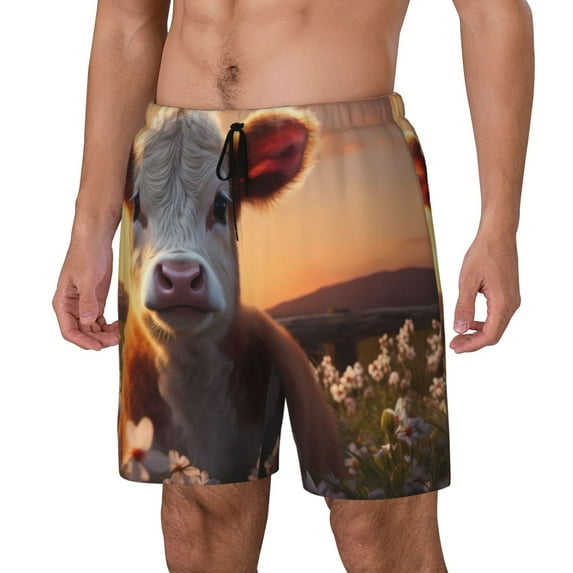 Logiee Sunset Calf Flower Field Print Men's Swim Trunk,Quick Dry Board Shorts ,Men's Swim Trunks with Compression Liner, Bathing Suits with Pockets-Small