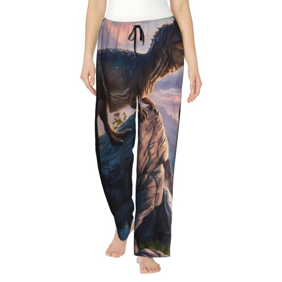 Logiee Sunset Cliff Dinosaur Print Women Pajama Pants,Comfy Pj Bottom with Pockets & Drawstring,Stretch Casual Sleepwear-X-Large