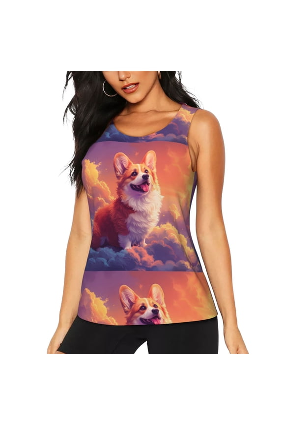 Sunset Cloud Corgi Print Women's Workout Tank Top, Dry Fit Summer Tank Top,Gym Yoga Workout Sports Tee,Sleeveless Athletic Shirts-Medium