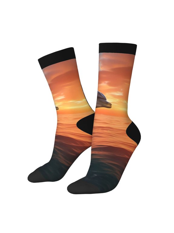 Sunset Dancing Dolphin B Print Adult Socks for Men & Women,Calf Socks, Ankle Socks,Boots Socks,Breathable Casual Sock,Unisex Crew Socks