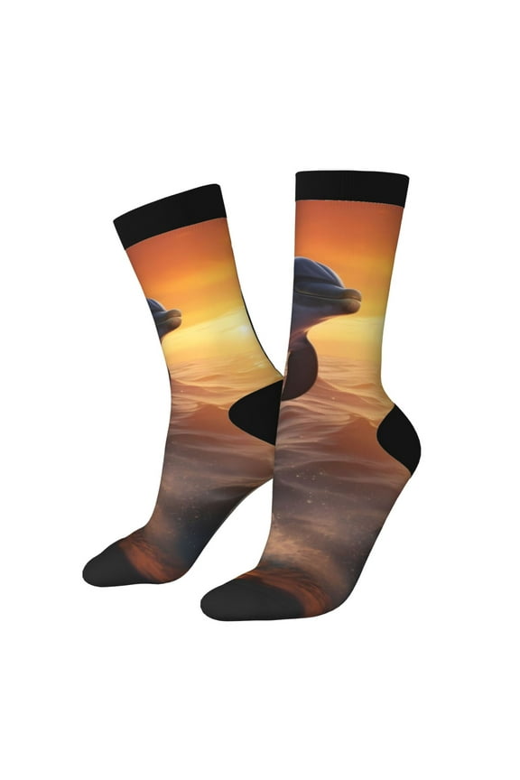 Sunset Dancing Dolphin Print Adult Socks for Men & Women,Calf Socks, Ankle Socks,Boots Socks,Breathable Casual Sock,Unisex Crew Socks