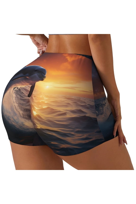 Sunset Dancing Dolphin Print Women's Biker Shorts,Workout Gym Shorts,Scrunch Shorts,Tummy Control Hidden Scrunch Running Yoga Shorts-XX-Large