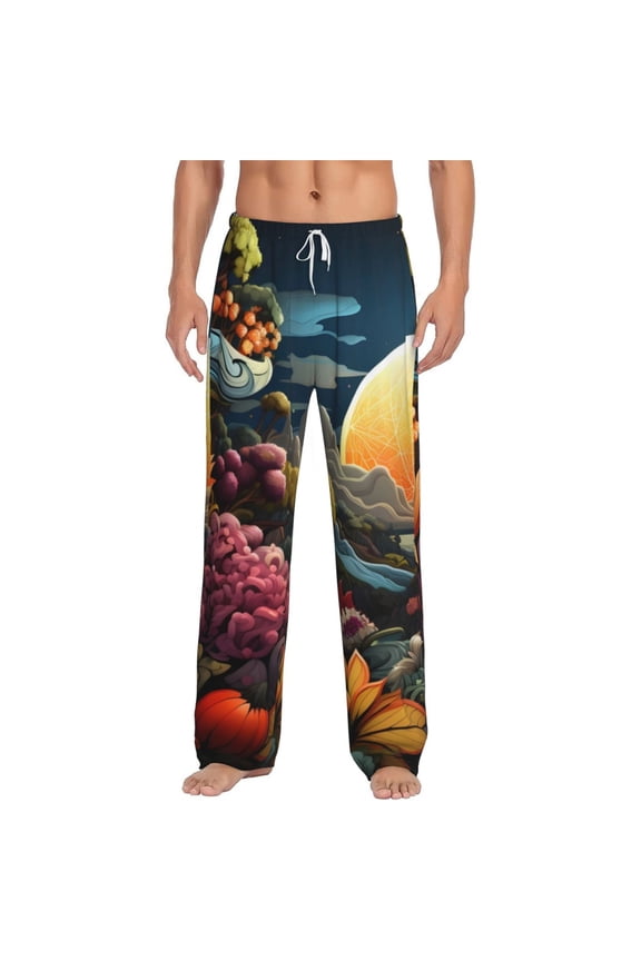 Sunset Floral Fantasy Landscape Print Pajama Pants for Men,Men’s Pajama Bottoms,Mens PJ Pants with Pockets & Button Fly-Small