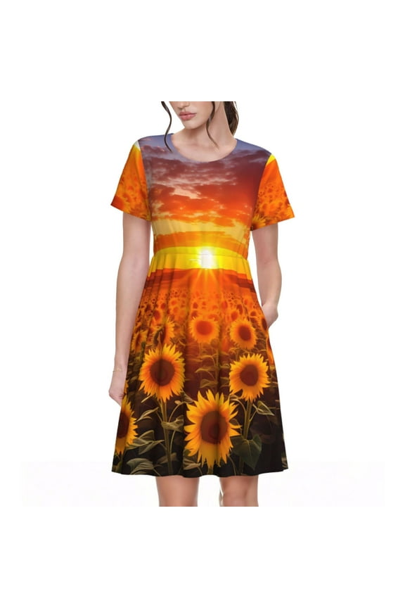 Sunset Golden Sunflower Field Print Womens Summer Dress,Casual Short Sleeve Sundresses,Beach A-line Shift Dress with Pockets