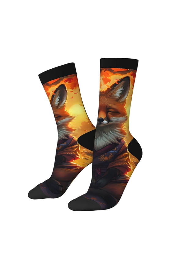 Sunset Maple Tree Fox Print Adult Socks for Men & Women,Calf Socks, Ankle Socks,Boots Socks,Breathable Casual Sock,Unisex Crew Socks