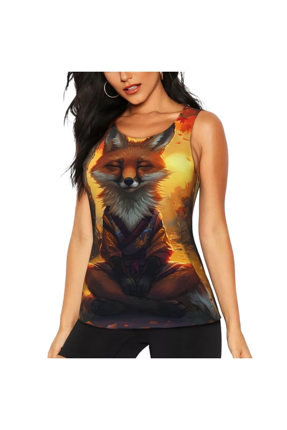Sunset Maple Tree Fox Print Women's Workout Tank Top, Dry Fit Summer Tank Top,Gym Yoga Workout Sports Tee,Sleeveless Athletic Shirts-Large
