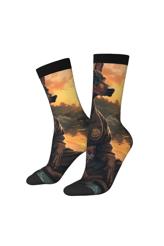 Sunset Meditating Doberman Print Adult Socks for Men & Women,Calf Socks, Ankle Socks,Boots Socks,Breathable Casual Sock,Unisex Crew Socks