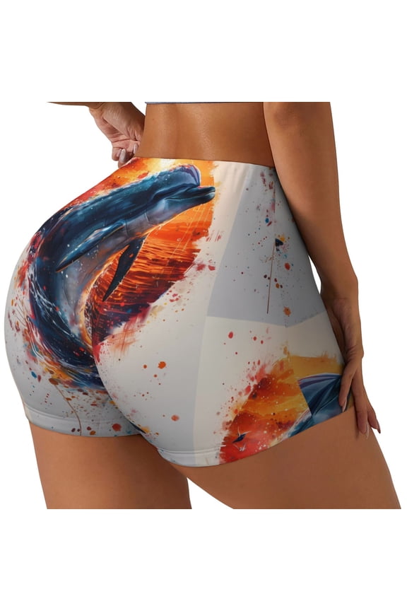 Sunset Ocean Watercolor Dolphin Print Women's Biker Shorts,Workout Gym Shorts,Scrunch Shorts,Tummy Control Hidden Scrunch Running Yoga Shorts-Large