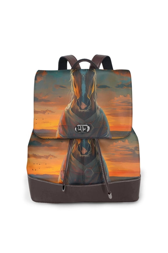 Logiee Sunset Prairie Meditating Horse Print Backpack Purse for Women,Fashion Leather Backpack Purse,Women's Leather Backpack for Work College Travel