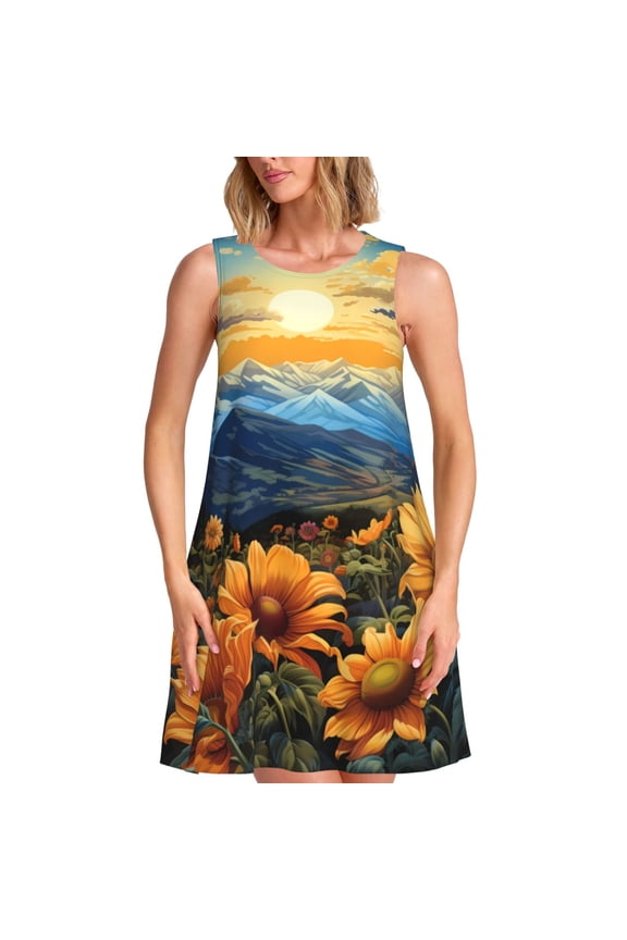 Sunset Sky Sunflower Print Summer Dresses for Women,Beach Sleeveless Flowy Pocket Tshirt Tank Sundresses,Women's Sleeveless Dress